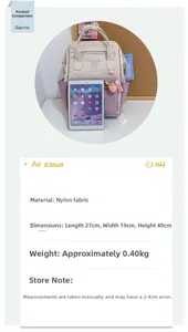 Size chart for the nylon backpack showing dimensions 27x19x40cm and comparison with iPad