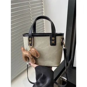 Fashion Women Denim Polyurethane Patchwork Bucket Bag Mini Tote Handbag With Dog Charm Adjustable Strap Casual Crossbody Bag