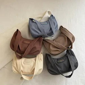 Women Pleated Underarm Bag Nylon Canvas Retro Solid Color Hobo Bag Casual Fashion Small Shoulder Bag For Daily Use