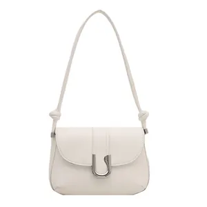 Chic white solid color large capacity underarm bag with silver U-shaped metal buckle detail