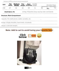 Detaillierte Größentabelle und Materialangaben für den schwarzen PU-Lederrucksack