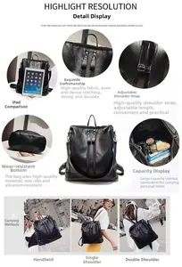 Detail des schwarzen PU-Lederrucksacks mit Mehrweggurten und Fach für iPad-Kapazität