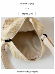 Internal view of corduroy shoulder bag showing fabric lining and zipper closure