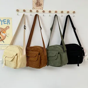 Women's Corduroy Shoulder Bag Solid Color Crossbody Bag Mini Square Messenger Bag With Adjustable Strap Front Pocket Fashion Handbag