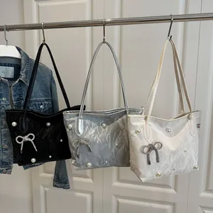Women Crushed Texture PU Tote Bag Large Capacity Pearl Rhinestone Bow Pink Heart Gem Elegant Underarm Shoulder Bag Fashion Bag