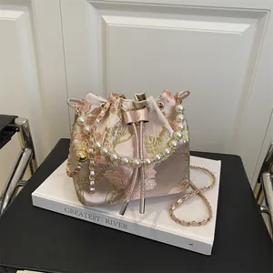 New Chinese Style Floral Embroidery Bucket Bag For Women Vintage Satin Handbag Artificial Pearl Handle Drawstring Chain Crossbody Bag