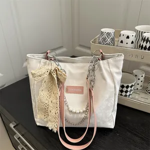 Fashion Women Large Capacity Tote Bag Sweet Lace Bow Decor Faux Artificial Pearl Metal Chain Shoulder Bag Commuter PU Leather Handbag