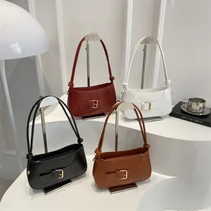 Minimalist leather shoulder bags in four colors with decorative metal buckles