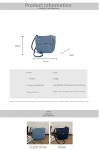 Size chart showing denim crossbody bag dimensions 20x17x4cm and material details