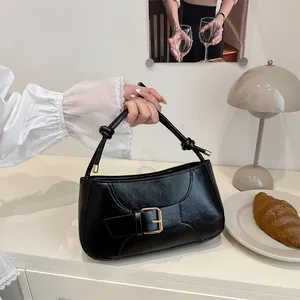 Women's PU Leather Underarm Bag Minimalist Baguette Bag With Belt Buckle Vintage Shoulder Crossbody Handbag Knot Strap Zipper Closure