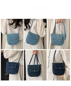 Collage of light and dark blue denim crossbody bags worn by a model in different poses