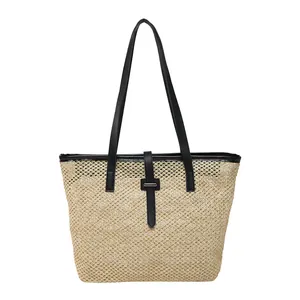 Borsa tote in paglia intrecciata con manici in ecopelle nera e chiusura a fibbia