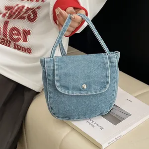 Retro Denim Women Underarm Bag Fashion PU Leather Shoulder Bag With Metal Buckle Casual Solid Color Flap Bag Handbag