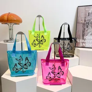 Women Transparent PVC Butterfly Print Tote Bag Summer Casual Jelly Beach Shoulder Bag Minimalist Commuter Handbag