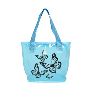 Minimalist blue PVC tote bag featuring black butterfly prints and nylon webbing handles