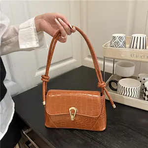 Sac pour Femme en Cuir PU à Motif Crocodile Rétro Élégant Bandoulière Nouée Sac à Épaule Vintage Boucle Métallique Sac Bandoulière