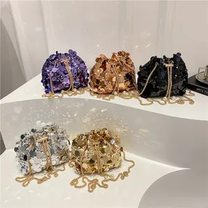 Borsa a Secchiello con Paillettes da Donna Scintillante Borsa a Tracolla a Catena Per Feste Con Coulisse di Künstliche Perle Moda