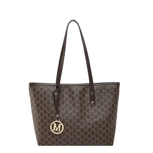 Large capacity brown women's tote bag with stylish M monogram print and gold logo charm
