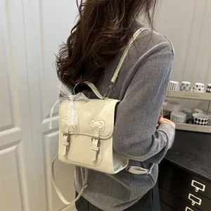 Chic cream PU leather backpack featuring lace bow detail and adjustable straps for women