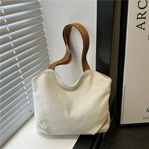 Minimalist Canvas Tote Bag For Women Large Capacity Shoulder Bag With Contrast Straps Casual Solid Color Handbag