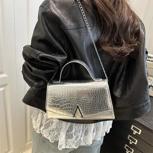 Silver crocodile pattern handbag with metal A logo and chain strap shown on model