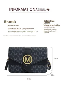Detail view of navy PU crossbody bag featuring M-pattern and gold metal ring logo