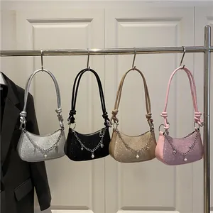 Glittery crescent shoulder bag with metallic chain and heart charms in four colors