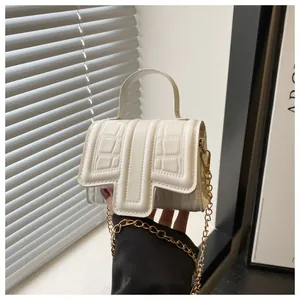 Elegant cream white square crossbody bag with crocodile texture and gold chain strap