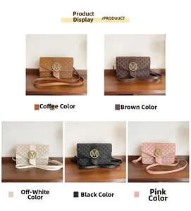 Crossbody bag detail showing M-pattern leather texture and round gold buckle in five colors
