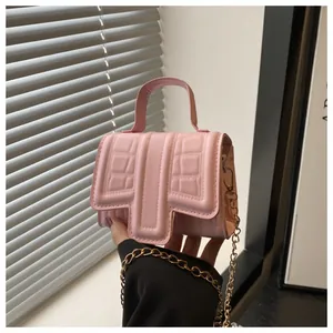 Pink mini square handbag with structured stitch pattern and golden chain strap
