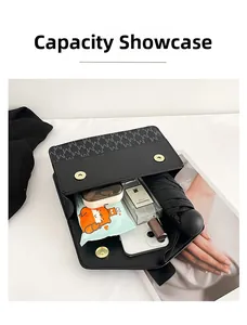 Capacity display of black crossbody bag holding a phone, perfume, and folded umbrella
