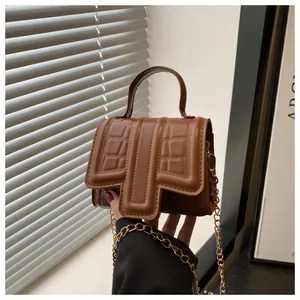 Deep brown crossbody mini bag with crocodile texture and gold chain strap detail