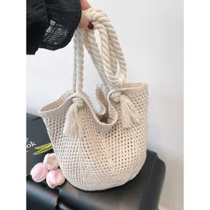 Sac Cabas Ajouré Tissé Bohème Pour Femmes Été Crochet Sac À Bandoulière Décoration De Gland Plage Vacances Sac À Main Grande Capacité
