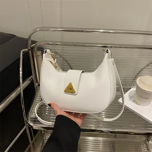 Women Fashion PU Leather Crescent Hobo Bag Minimalist Underarm Shoulder Bag Gold Triangle Buckle Lock Solid Color Handbag