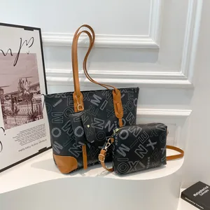 Vintage Letter Print Tote Shoulder and Crossbody Bag With Mini Purse PU Leather Large Capacity Urban Commuter Handbag
