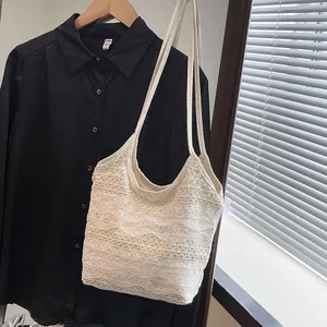 Damen Spitze Tote Bag Mit Schleife Fairy Style Gewebte Canvas Schultertasche Elegante Florale Spitze Handtasche Für Sommerurlaub