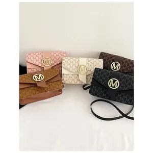 Women Fashion M Monogram Crossbody Bag Vintage PU Leather Small Square Bag With Round Metal Buckle Daily Shoulder Bag Gift