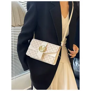 Chic women's crossbody bag with M-letter pattern and gold metal logo in beige and brown