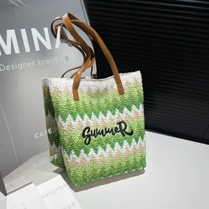 Borsa Tote in Paglia Intrecciata Estiva Con Motivo a Zig Zag Ricamo Lettere Summer Grande Capacità Borsa a Spalla Donna