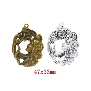 Vintage Art Nouveau Female Profile Flower Relief Alloy Pendant Antique Bronze Silver For DIY Jewelry Making Accessories