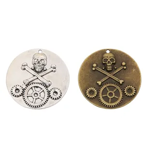Steampunk skull and gear alloy pendants in silver and bronze for DIY jewelry making