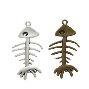 Retro alloy fish bone pendants in antique silver and bronze finishes for DIY jewelry making
