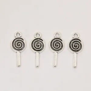 Set of four vintage antique silver lollipop alloy pendants for DIY jewelry making