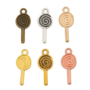DIY lollipop-shaped alloy charms in six metallic finishes with spiral texture for jewelry