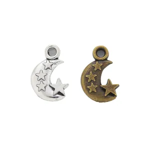 Vintage crescent moon and star alloy pendants in silver and antique bronze finish