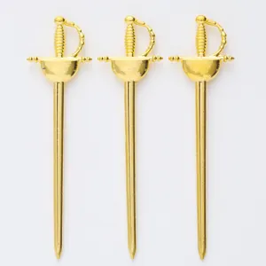 Vintage golden sword-shaped alloy cocktail picks set with intricate hilt details
