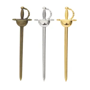 Three vintage alloy sword pendants in bronze, silver, and gold for DIY jewelry making
