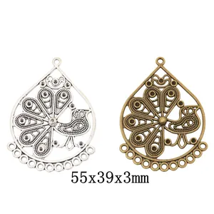 Vintage Alloy Hollow Peacock Teardrop Pendant Connector For Earring Necklace Making DIY Jewelry Findings Accessories