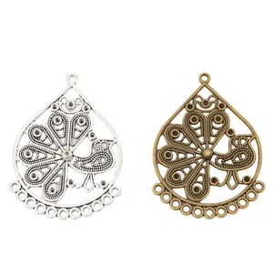 Retro alloy drop-shaped jewelry connectors with hollow filigree in silver and bronze