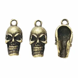 Vintage bronze skull pendant in three views showing front, side and hollow back structure